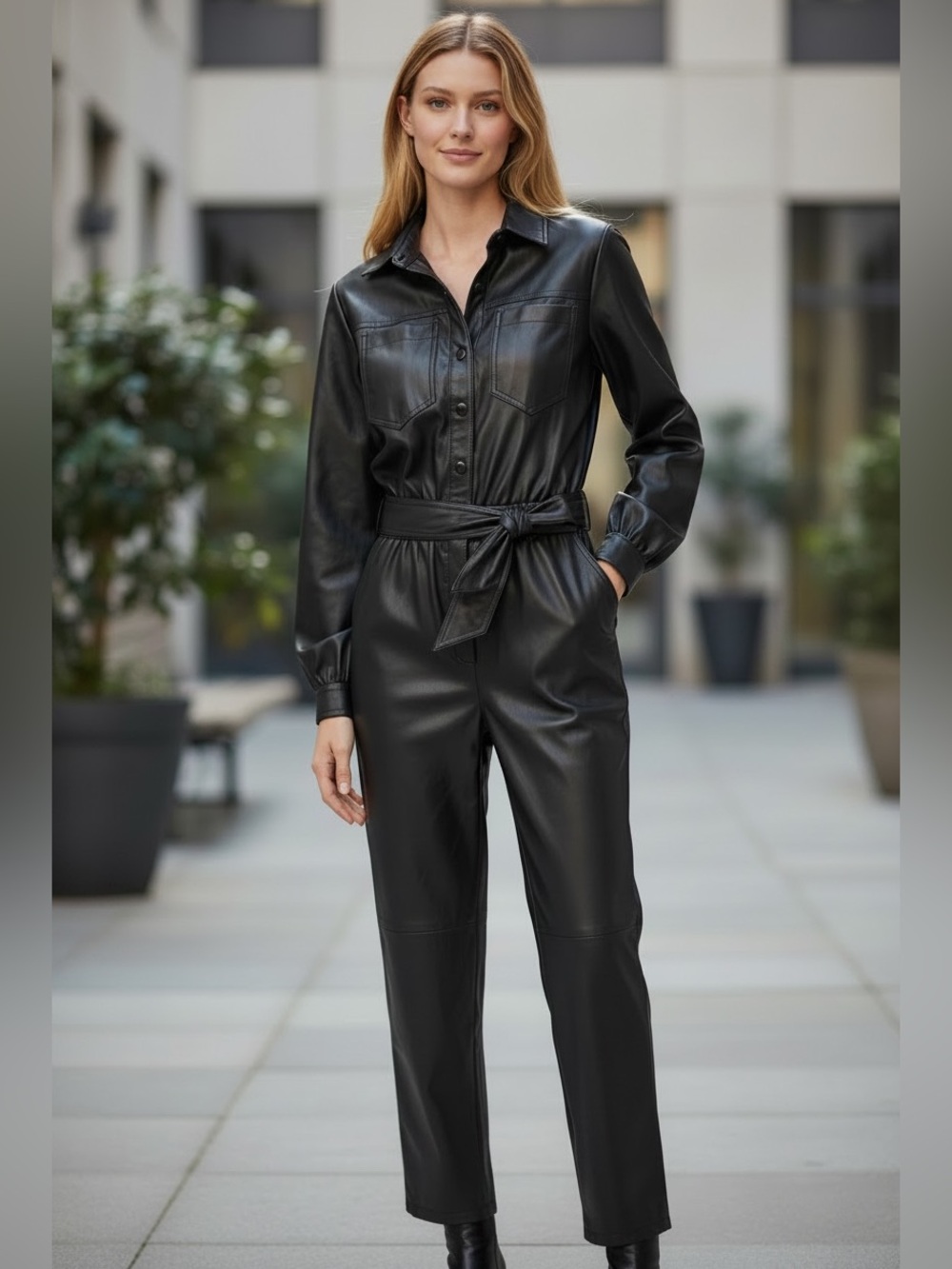 Classic Black Faux Leather Tie-Waist Cropped Jumpsuit by Scoop M(8-10)